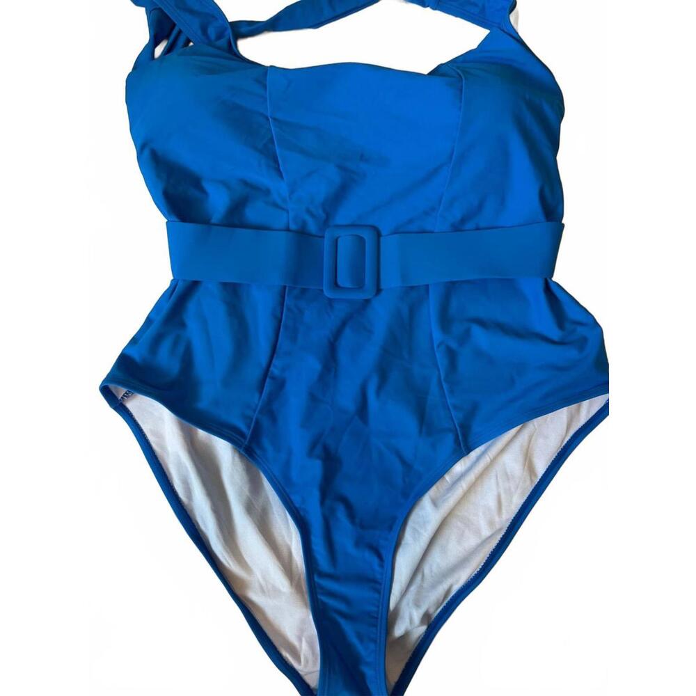 Blue One-Piece Swimsuit with Belt and Tie Straps